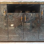 Curved Marble-Top Sideboard with Glossy Wood Veneer & Quilted Leather Accents